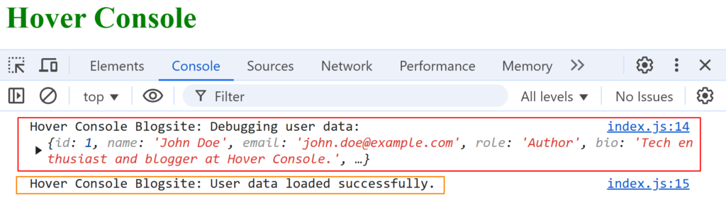 comparing between console.log and console.info in a real scenario.